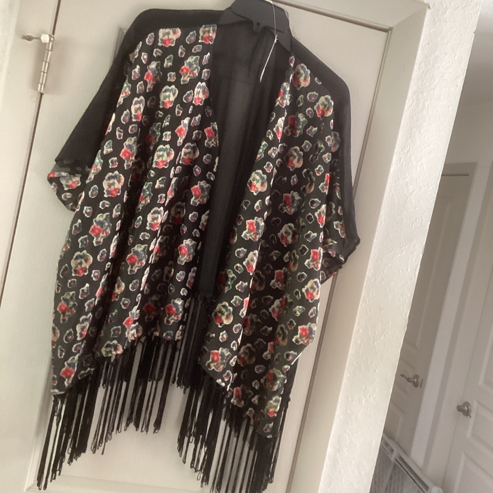 XXL Vanilla Star sheer black fringed poncho-type wrap, vest